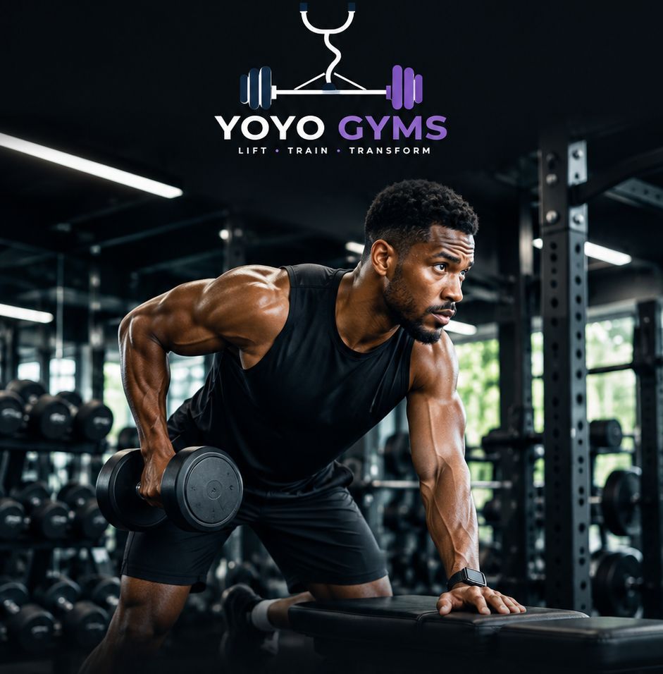 Yoyo Gyms — lift, train, transform. A member training with a dumbbell.